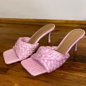 Pink Straw Woven Mules Square Toe Heels